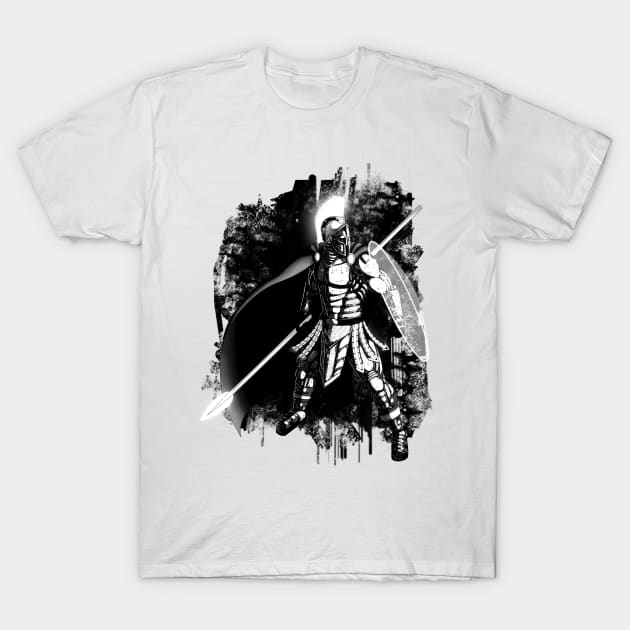 Futuristic Cyber Spartan Black and White T-Shirt by Art of Arklin